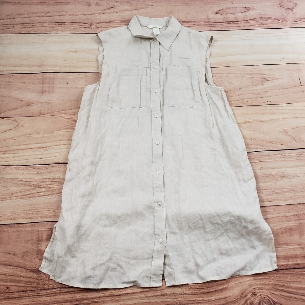 H&M Dress Womens Small Brown Shirt Blouson Button Linen Short Sleeveless Ladies